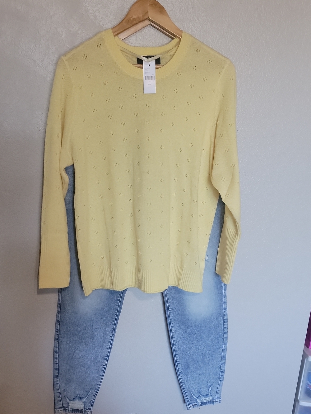 Lane Bryant Pale Yellow Eyelet Crewneck Sweater